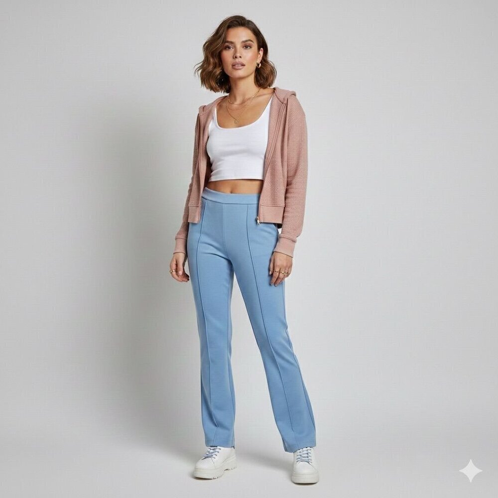 Everlane Bootcut Pull On Soft Flare Knit Pants Retro Minimalist Resort LARGE Sky